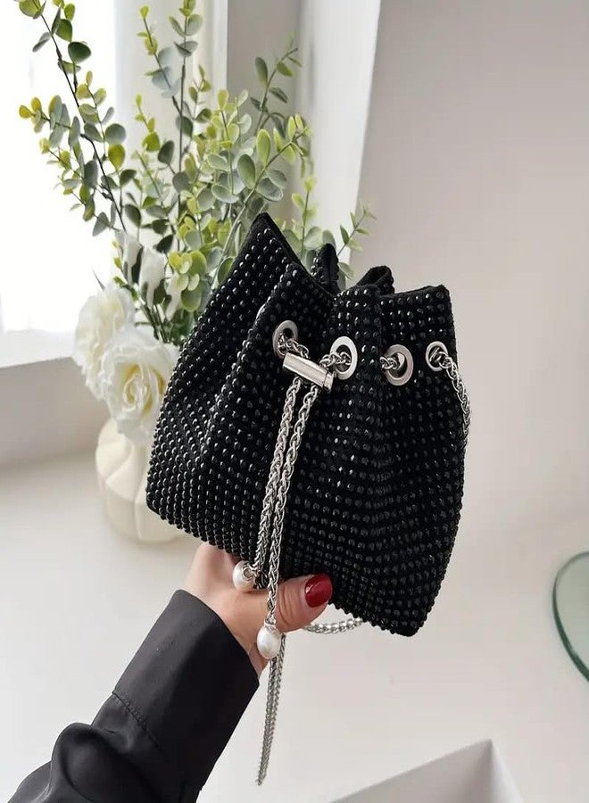 DOSYSO Rhinestone Bucket Bag Mini Evening Handbags Crystal Clutch For Women Drawstring Crossbody Sling Bags with Chain Stylish Potli Bags Ladies Glitter Purse Wallet for Party Wedding Bling (Black) - Image 2